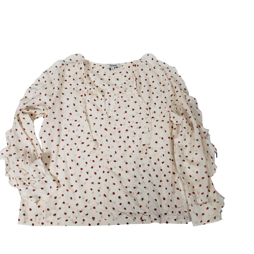 Madewell Strawberry Print Ruffle Sleeve Tie Neck Blouse Off-White Red‎ Size M
